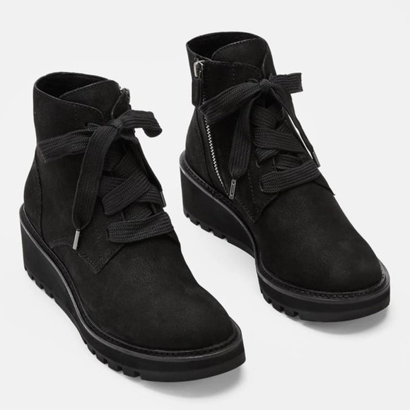 Eileen Fisher Womens Tread Tumbled Nubuck Leather Black  Eileen Fisher Collar Tumbled Nubuck Wedge Bootie Black Size 9.5